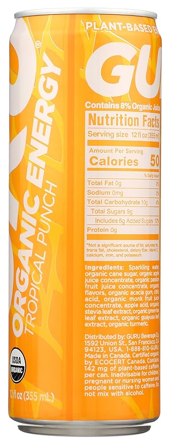 Guru Guayusa Tropical Punch Organic Energy Drink Vegan USDA Certified Organic Non-GMO 12 Fluid Ounce (Pack of 24)