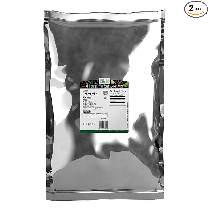Frontier Co-op Organic Whole Chamomile Flowers Kosher Bulk Herb Dried Chamomile Flowers for Tea Natural Skincare Recipes and More | 16 Ounce (Pack of 2)