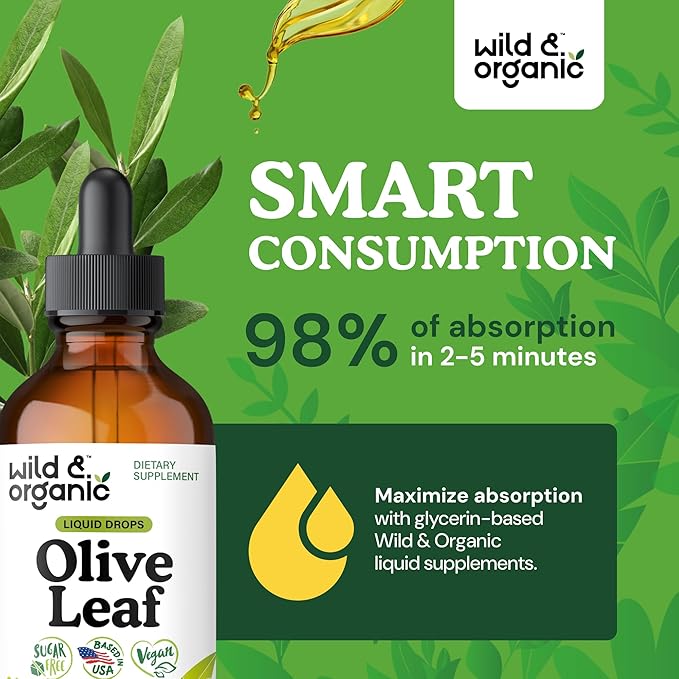 Wild &amp Organic Olive Leaf Extract Liquid Drops - Immune &amp Antioxidant Support - Oleuropein Supplement - Add to Tea Olive Leaf Tincture - Vegan Sugar &amp Alcohol Free - 4 fl oz