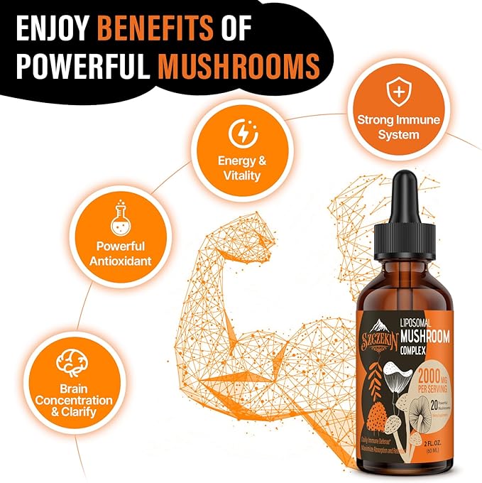 Liposomal Mushroom Complex Drops 2000 MG - 20 Organic Mushroom Extracts - Advanced Liquid Formula for Immunity Cognitive and Memory - Lions Mane Supplement Reishi Cordyceps Chaga 60 Servings