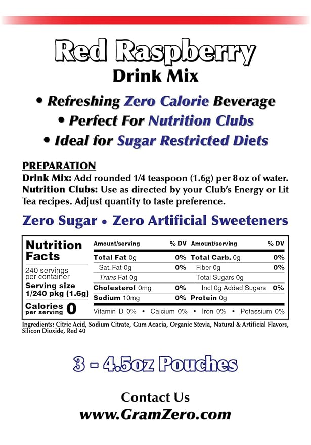 GramZero Red Raspberry Zero Calorie Sugar Free Drink Mix Great For Nutrition Club Loaded Tea Stevia Sweetened