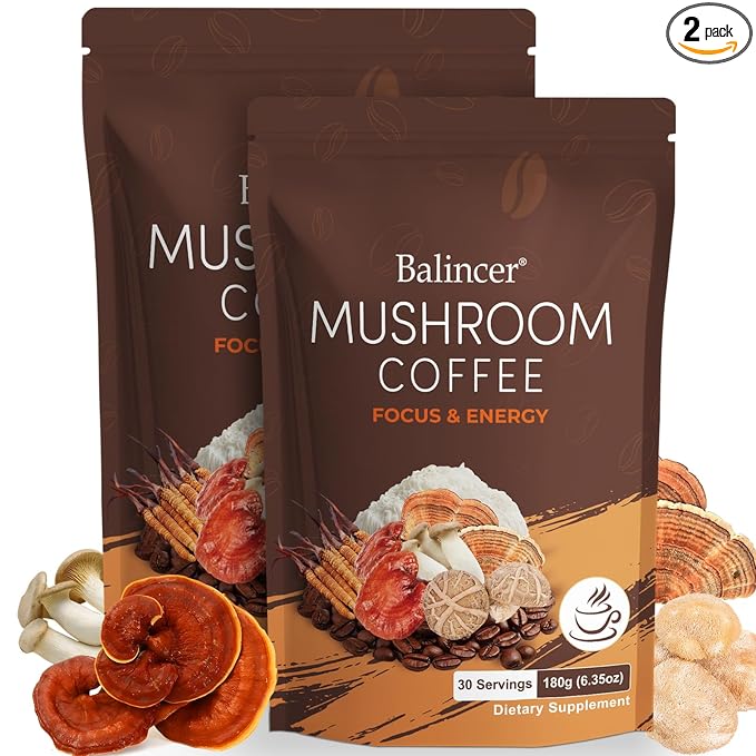 Mushroom Coffee 6 Adaptogenic Mushrooms with Lion's Mane Cordyceps Turkey Tail &amp More Instant Mushroom Coffee for Focus Energy Immune &amp Digestion Support