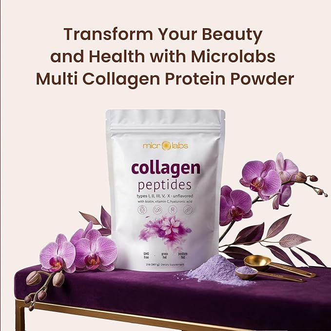 microlabs™ Multi Collagen Peptides Powder 16 oz – Type I II III V &amp X Hydrolyzed Collagen with Hyaluronic Acid Biotin &amp Vitamin C – Unflavored Collagen Protein Powder for Men &amp Women