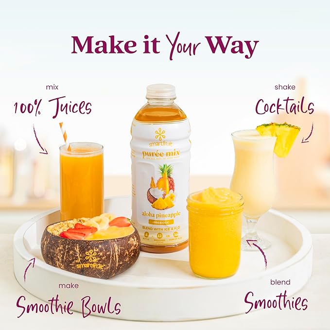 Smartfruit Aloha Pineapple + Prebiotic – 100% Real Fruit Purée with Pineapple Banana Apple &amp Coconut – Great for Smoothies Juice Yogurt Cocktails Teas – High in Vitamin A – 48oz