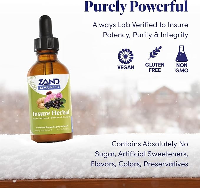 ZAND HERBALS Insure Herbal Liquid Blend - 17 Wellness Ingredients - w/Echinacea Elderberry Ginger Sage Peppermint and More - Gluten Free Vegan Non-GMO 60-Day Guarantee 147 Servings 4 FL OZ