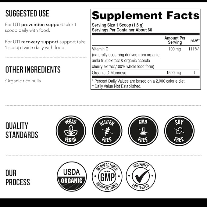 Mannose-C - Organic D Mannose Powder + Whole Food Vitamin C Natural UTI Support Supplement to Flush &amp Cleanse Urinary Tract Certified Organic Urinary Health for Women Vegan Non-GMO (60 Serving