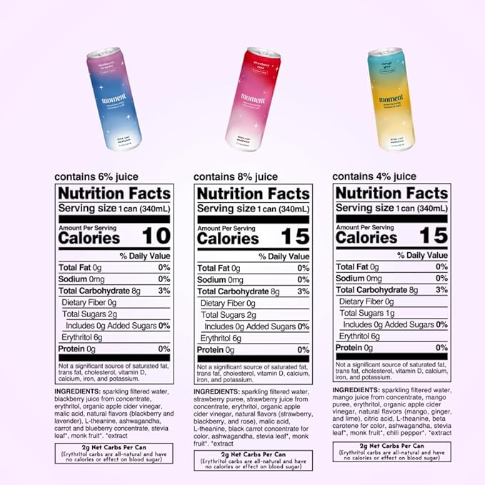 Moment Botanical Soda Soft Drink (Shark Tank) - SPARKLING Drinks | Fruity Fun | L-Theanine &amp Ashwagandha for Calm &amp Clarity | 0 Added Sugar 0 Caffeine | 24-pack
