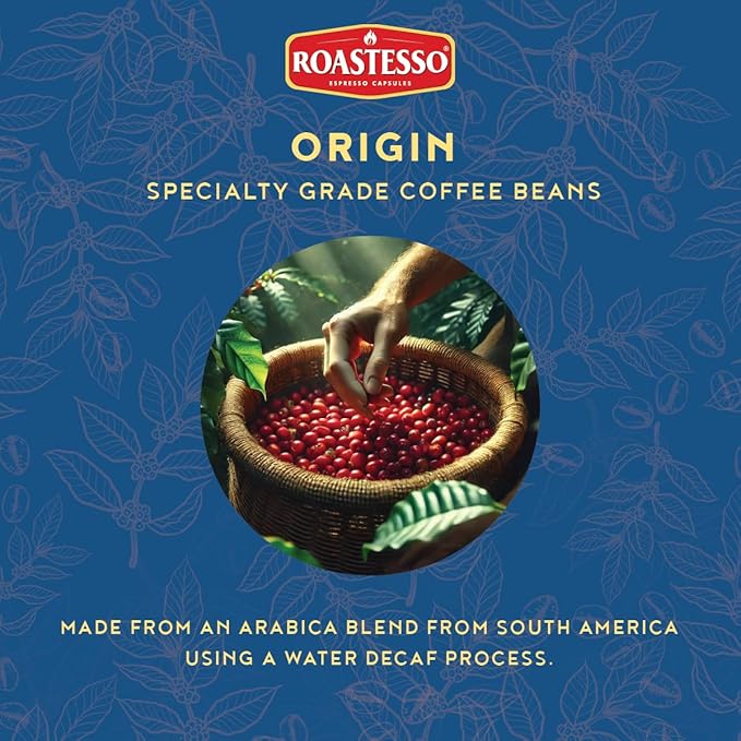 Roastesso Aluminum Espresso Capsules Sunset Decaf Decaffeinated Pods Compatible with Nespresso Original Machines Mild Roast Intensity 8 Recyclable Coffee Capsules Packed in USA (80 Count)