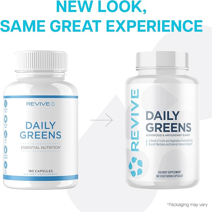 Revive MD Daily Greens Supplement for Men &amp Women - Superfood &amp Antioxidant Blend w/Digestive Enzymes Prebiotics &amp Probiotics for Immune Support Digestive &amp Gut Health - 180 Capsules