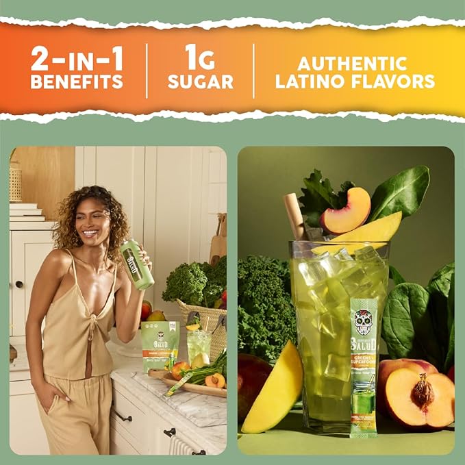 Salud 2-in-1 Greens Powder + Superfood Drink Mix Packets 20+ Fruits and Veggies Probiotics Prebiotics Supports Digestive Health Bloating Relief Vegan Peach Mango (15 Servings)