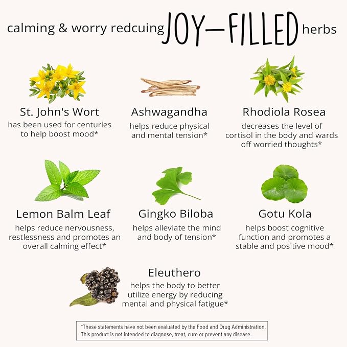 Joy-Filled Mood Support Supplement - 7 Herb Complex + St. Johns Worts (120 Ct) | Stress Relief Supplement with Rhodiola Rosea Eleuthero | Helps Calm The Mind &amp Body | 100% Plant-Based Happy Pills