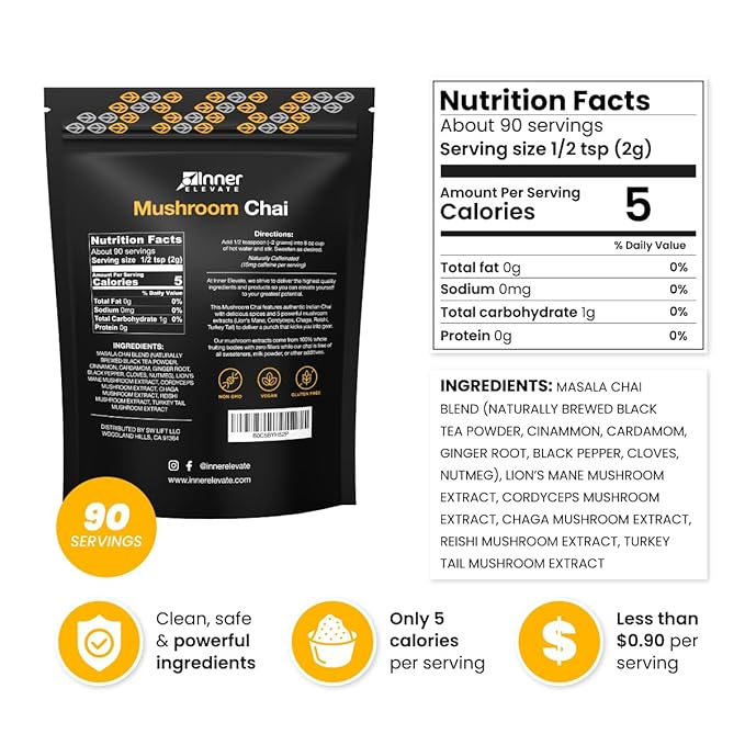 Inner Elevate Mushroom Chai - Ultimate Coffee Alternative - Adaptogenic Mushroom Tea Drink with Lion's Mane Cordyceps Chaga Reishi Turkey Tail (90 Servings)