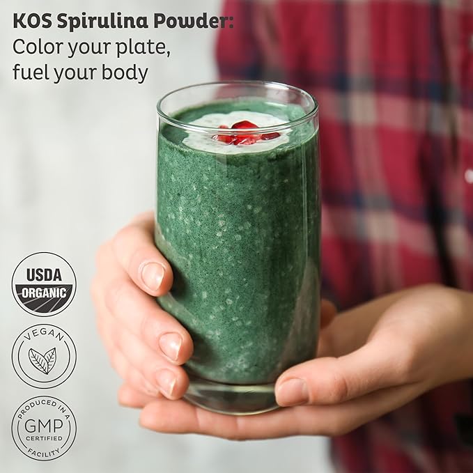 KOS Organic Spirulina Powder - USDA Certified Organic 109 Servings of Superfood Powder for Smoothies &amp Juices Non-Irradiated Blue Green Algae Plant Based with Antioxidants Vegan (13.5oz)