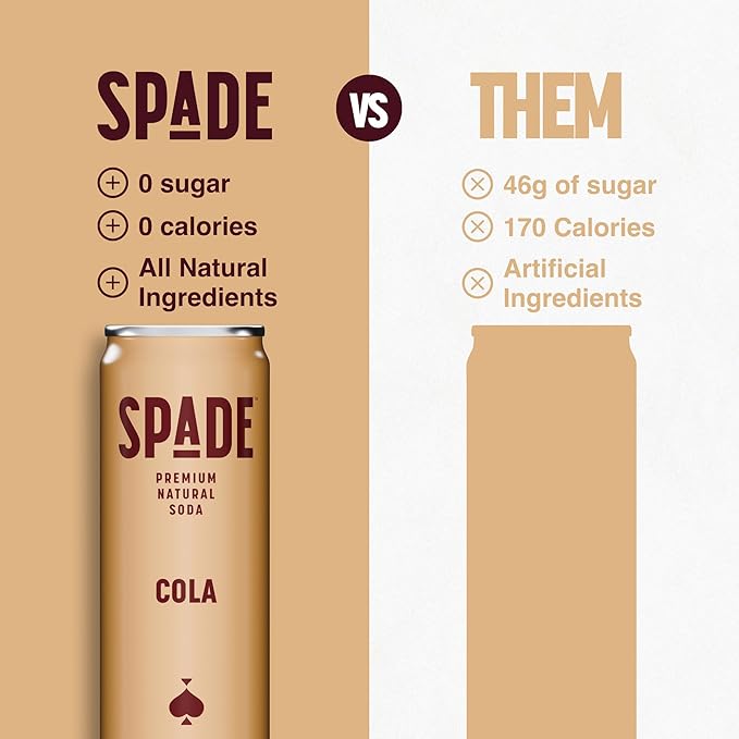 Spade Soda Cola 12 Pack Premium All-Natural No Sugar No Calories Electrolytes Magnesium Potassium Healthy Non GMO Sweet Stevia No Artificial Sweeteners Great Taste Bold Taste