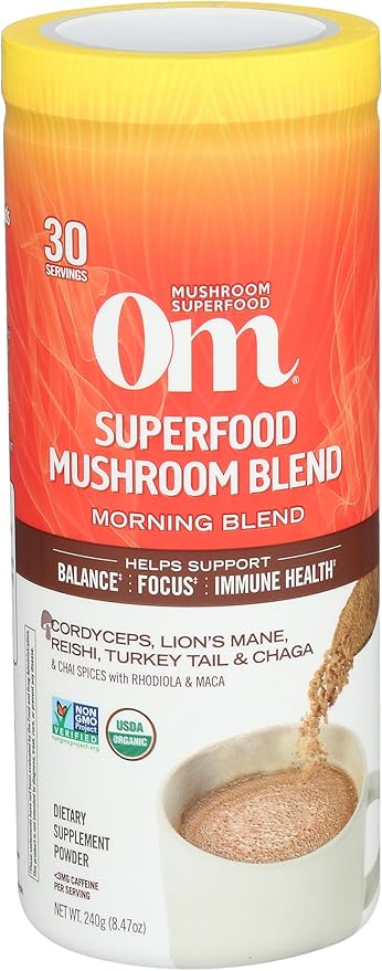 OM MUSHROOM SUPERFOOD Morning Energy Blend – Caffeine-Free Powder with Cordyceps Lion’s Mane Rhodiola &amp Vitamin D2 – Supports Energy Focus &amp Endurance – 8.47 oz Canister (30 Servings)