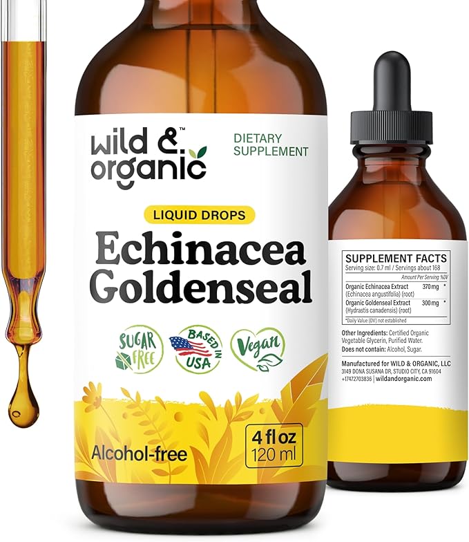 Wild &amp Organic Echinacea Goldenseal Tincture - Immune Support Drops with Echinacea and Goldenseal Root Extract - Vegan Sugar &amp Alcohol-Free Liquid Supplement - 4 fl oz