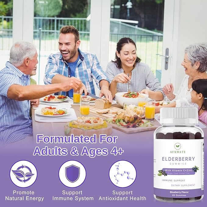 AFXMATE Sambucus Elderberry Gummies Black Elderberry Gummy with Zinc and Vitamin C for Adults Sugar Free Kids Multivitamin Gummies Immune Support* Supplement (2 Pack)