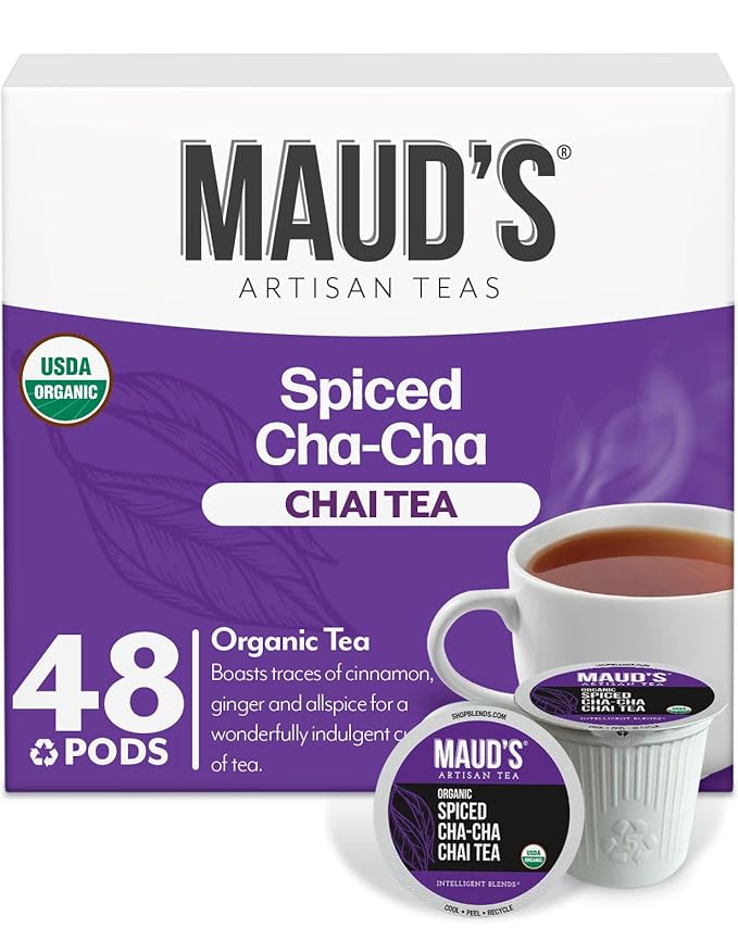 Maud's Organic Chai Tea Pods 48 ct Single Serve Tea Pods – 100% Gourmet Blended Tea Leaves Compatible with Keurig K Cups Maker