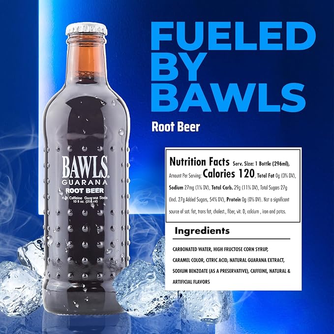 BAWLS Guarana Root Beer BAWLS Guarana Drink Guarana Soda Guarana Fueled Soda for Energy High Energy Caffeinated Drink 10oz 12 Pack Glass Bottles