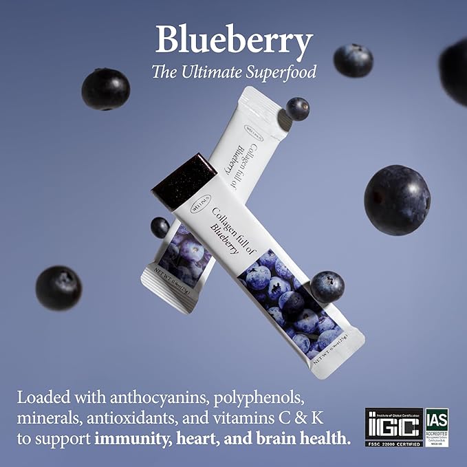 Korean Collagen Jelly Sticks - 25 Blueberry Flavored Marine Collagen Peptide Snacks for Anti-Aging- Collagen Protein Sugar-Free Travel Packs for Hair &amp Nail Strength