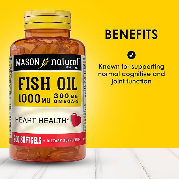 MASON NATURAL Omega3 Fish Oil 200Day Supply 1000mg with EPA and DHA for Joint Support Softgel Pills