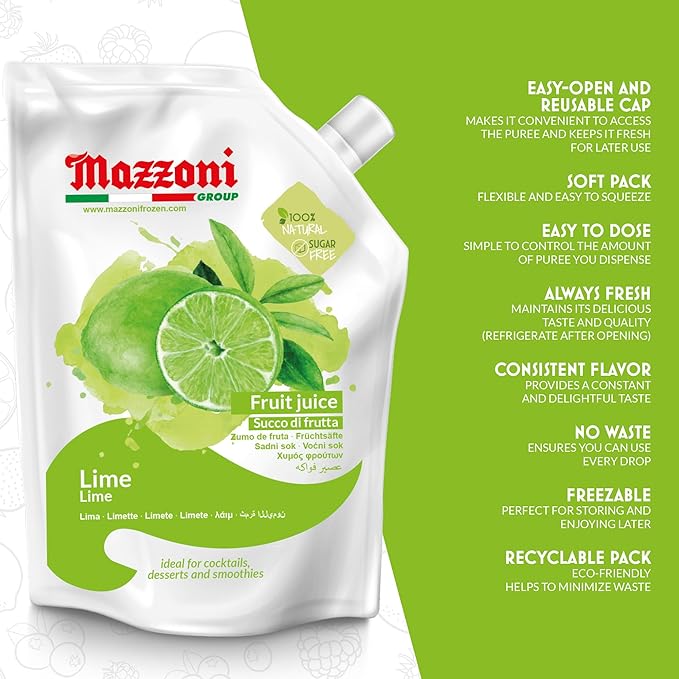 Mazzoni Real Lime Juice 100% Pure Just Lime Juice Not from Concentrate No Added Sugar or Ingredients 2.2 lbs (35.2 oz) Mixer for Cocktails Drinks Smoothies Convenient Pouch Made in Italy