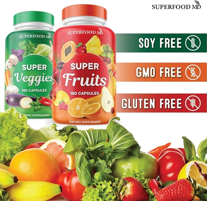 Superfood Fruit and Veggie Supplement - 360 Whole Super Fruit and Vegetable Supplements &amp Vitamin with Beta-Carotene Soy Free- 180 Count (Pack of 2)