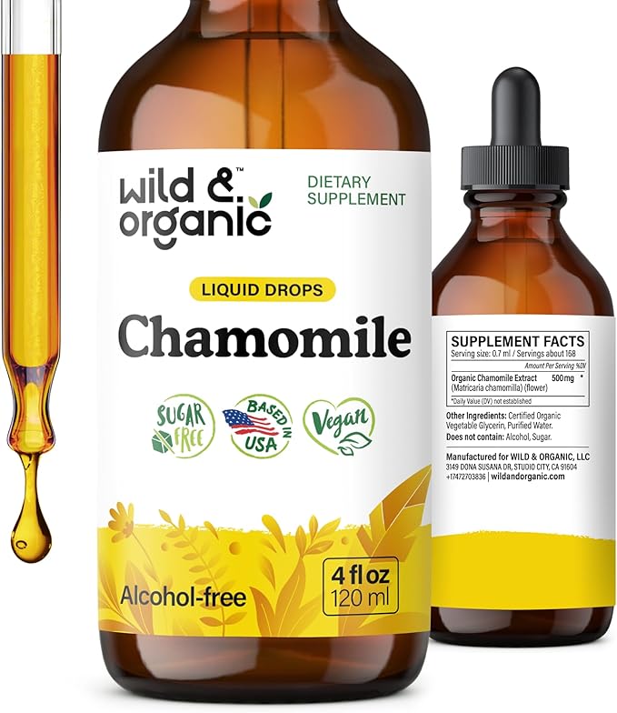 Wild &amp Organic Chamomile Flowers Tincture - Calming Supplement for Relaxation - Chamomile Extract Liquid Drops - Vegan Sugar &amp Alcohol-Free - 4 fl oz