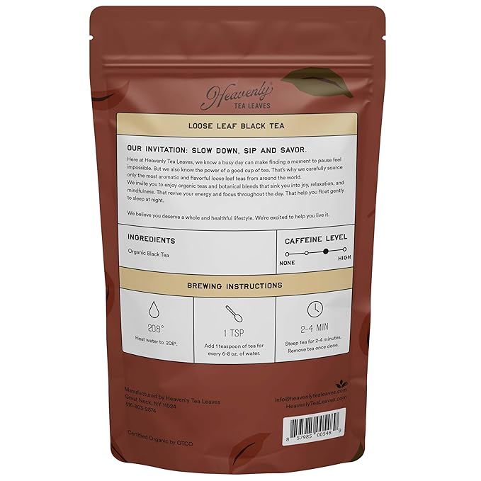 Heavenly Tea Leaves Organic English Breakfast Bulk Loose Leaf Black Tea 1 Lb. (Approx. 200 Cups) - Strong Full Bodied Brisk Great For Hot Or Iced Tea Naturally Caffeinated Premium Quality