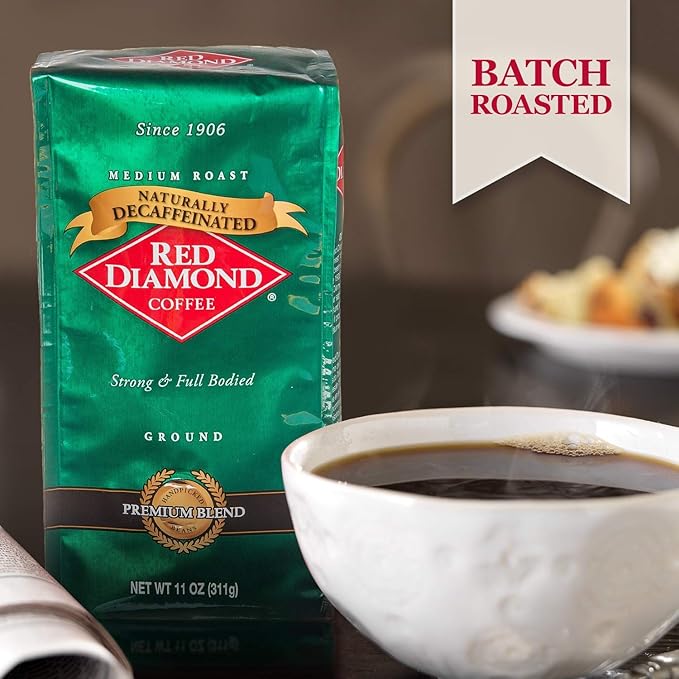 Red Diamond Ground Coffee Decaffeinated Medium Roast 100% Arabica Premium Beans Strong &amp Full-Bodied Flavor 11 Ounce Resealable Bags (4 Pack)