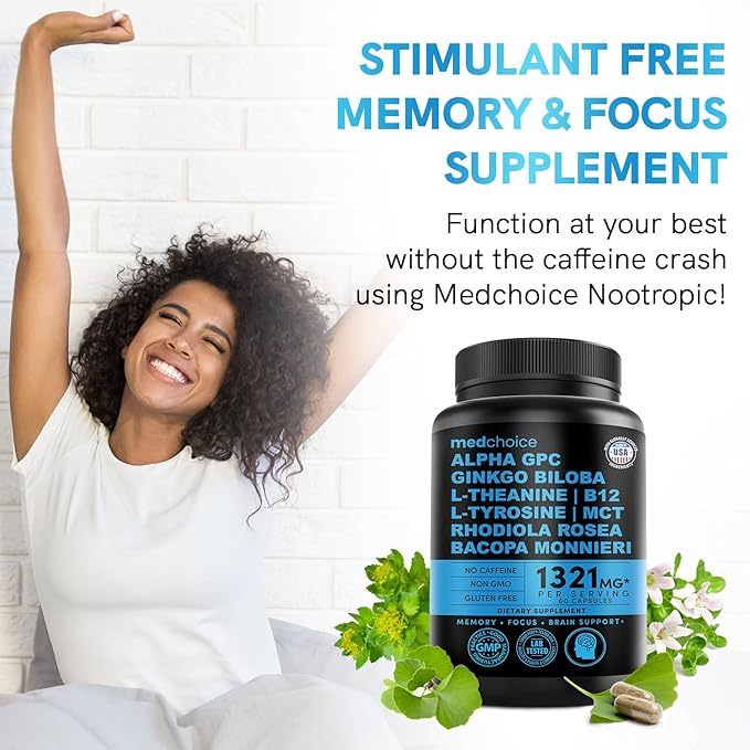 12-in-1 Nootropic Brain Supplement Anhydrous: Ginkgo Biloba for Brain Support Memory and Focus - B12 Alpha GPC L Theanine and Choline Supplements with Bioperine Non Caffeinated 1321mg (60ct)