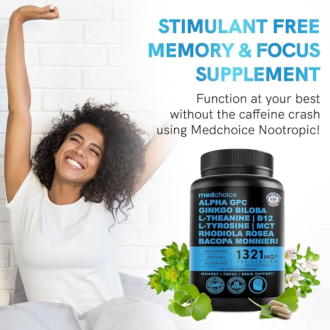 12-in-1 Nootropic Brain Supplement Anhydrous: Ginkgo Biloba for Brain Support Memory and Focus - B12 Alpha GPC L Theanine and Choline Supplements with Bioperine non Caffeinated 1321mg (120ct)