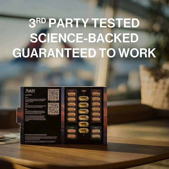 Flykitt Domestic Jet Lag Prevention System | Jet-Flight &amp Fatigue System for Flights Under 6 hrs | App-Controlled Personalized Supplement Protocol | Arrive Refreshed
