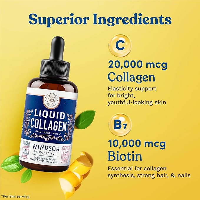 Concentrated Liquid Collagen Peptides Supplement - 30000mcg Hydrolyzed Liquid Collagen for Women plus Biotin Hair Skin Nail Support - Sublingual Direct Drops or in Drinks - Natural Lemon Drink 2 oz
