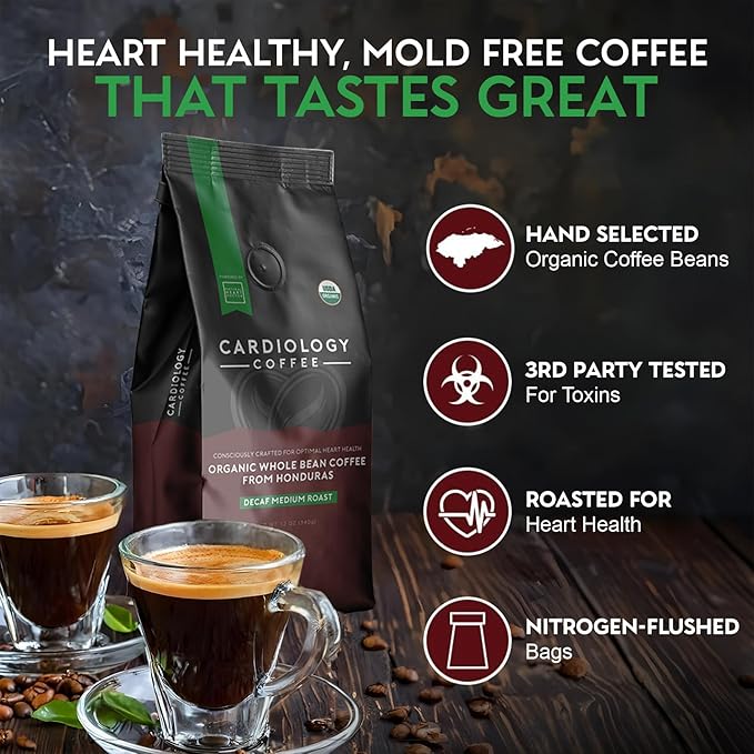 Cardiology Coffee – Medium Roast Decaf Coffee Beans – USDA Certified Organic Mold Free 12oz Premium Whole Bean Coffee – Decaf Barista-Style Beans with Swiss Water Decaf and Antioxidant Benefits