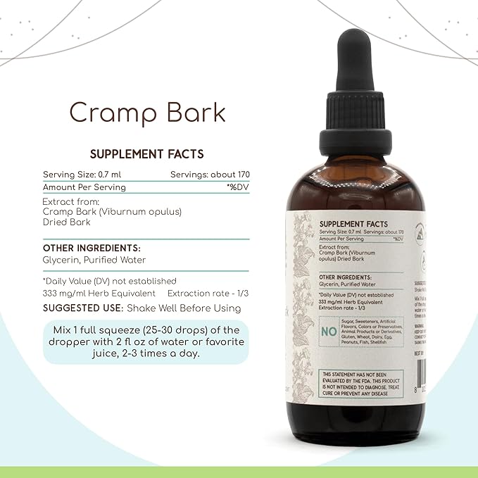 Cramp Bark B120 Alcohol-Free Herbal Extract Tincture Concentrated Liquid Drops Natural Cramp Bark (Viburnum Opulus) Dried Bark (4 fl oz)