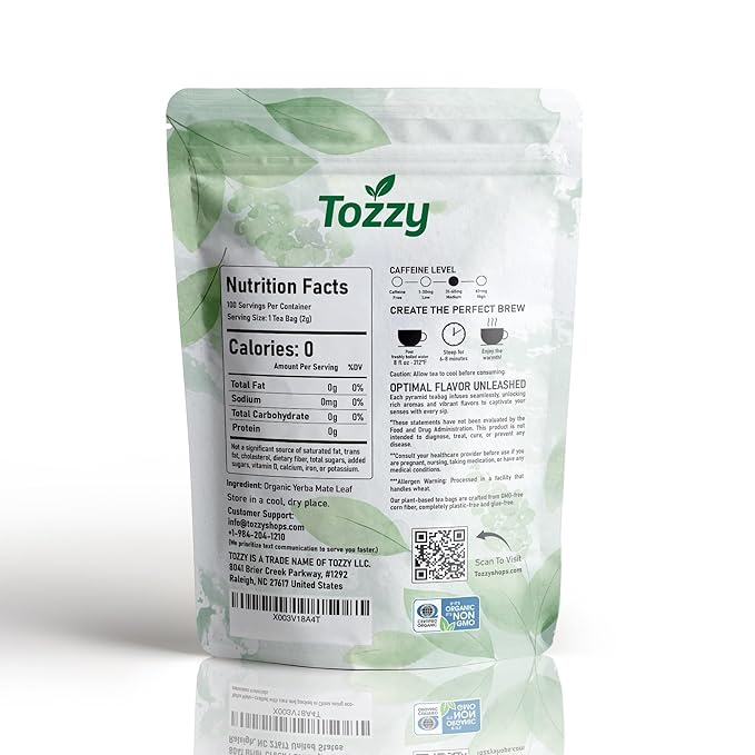 Tozzy Organic Unsmoked Yerba Mate Tea – 100 Count Plant-Based Pyramid Tea Bags