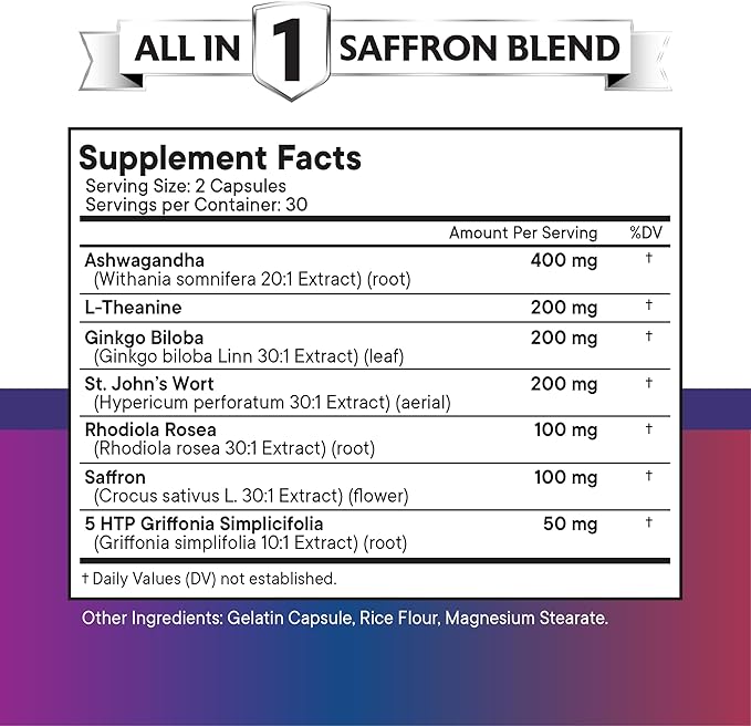 NEW AGE Saffron Supplements with Ashwagandha - Support with L-Theanine Ginkgo Biloba St. John's Wort Rhodiola Rosea &amp 5-HTP - Saffron 180 Count
