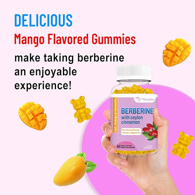 Berberine with Ceylon Cinnamon Gummies High Potency Berberine HCI Supplement Immune Health Support 120 Mango Flavored Gummies