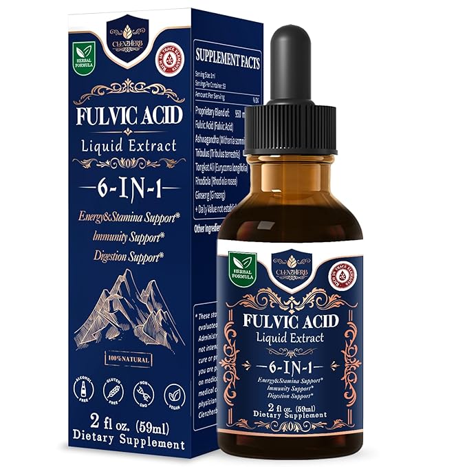 CLENZHERB Fulvic Acid Liquid for Energy &amp Stamina Support Blend with Herbal Extract Ashwagandha Tribulus Tongkat Ali Support Immune &amp Digestive System | Non-GMO &amp Gluten Free | 2 fl oz