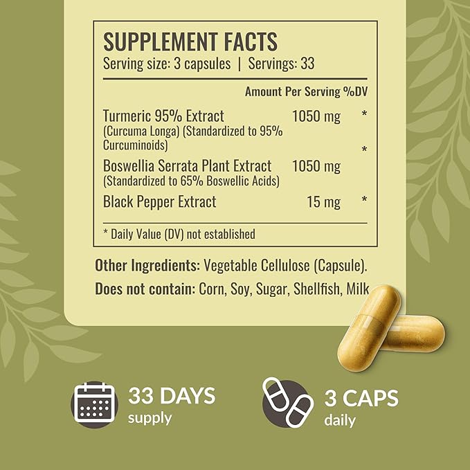 HERBAMAMA Turmeric and Boswellia Extract Capsules - 2100mg Boswellia Serrata &amp Turmeric Complex with Black Pepper Extract - Vegan Non-GMO 95% Curcuminoids Antioxidant Supplement 100 Caps