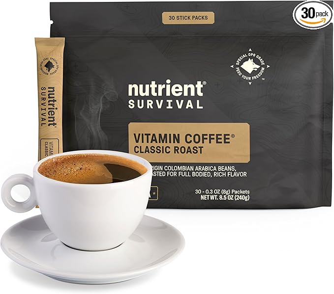 Nutrient Survival Coffee Vitamin Enriched Dark Roast Coffee 100% Colombian Arabica Prepper Supplies 13 Essential Vitamins Shelf Stable up to 18 Months 30 Single Serve Stick Packs