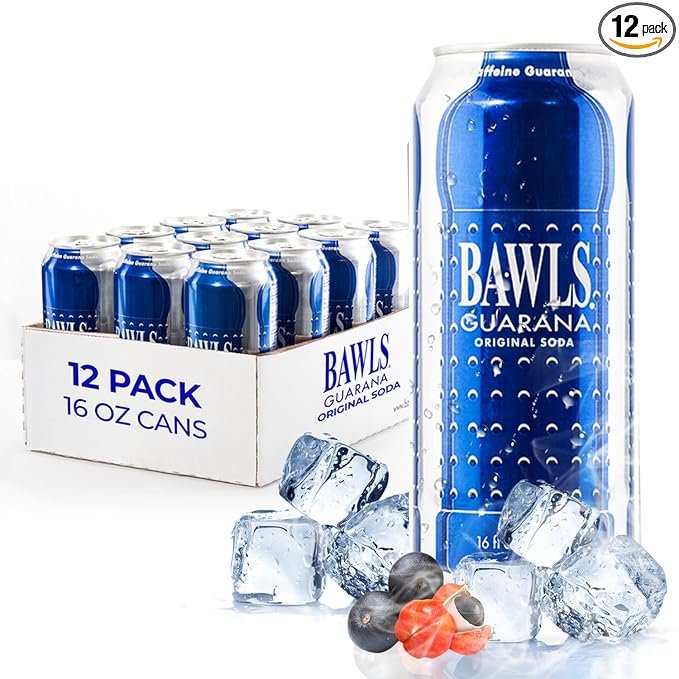 BAWLS Guarana Original Guarana Fueled Soda for Energy High Energy Caffeinated Drink - 16oz 12 Pack Cans