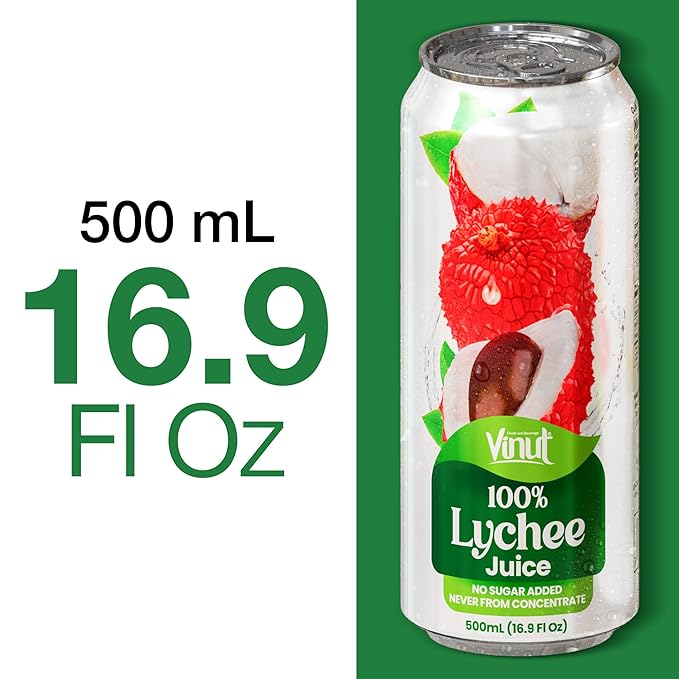 VINUT 100% Lychee Juice No Added Sugar Not From Concentrate 16.9 fl oz (500 mL) Can Pack of 6