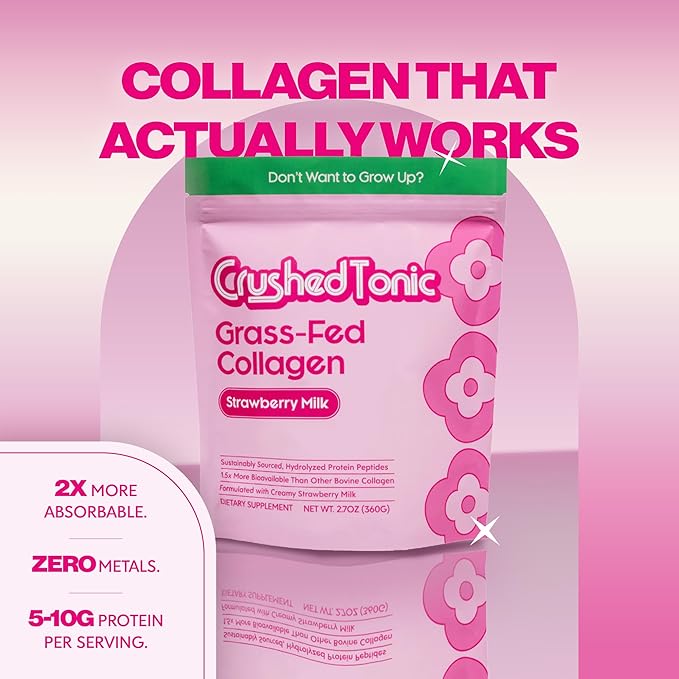 Crushed Tonic Marine Collagen Powder Korean Beauty Drink with Hydrolyzed Collagen Peptides for Skin Hair &amp Nails | Gluten-Free Halal &amp Kosher (Strawberry Milk 30 Servings (150 g) Pouch)