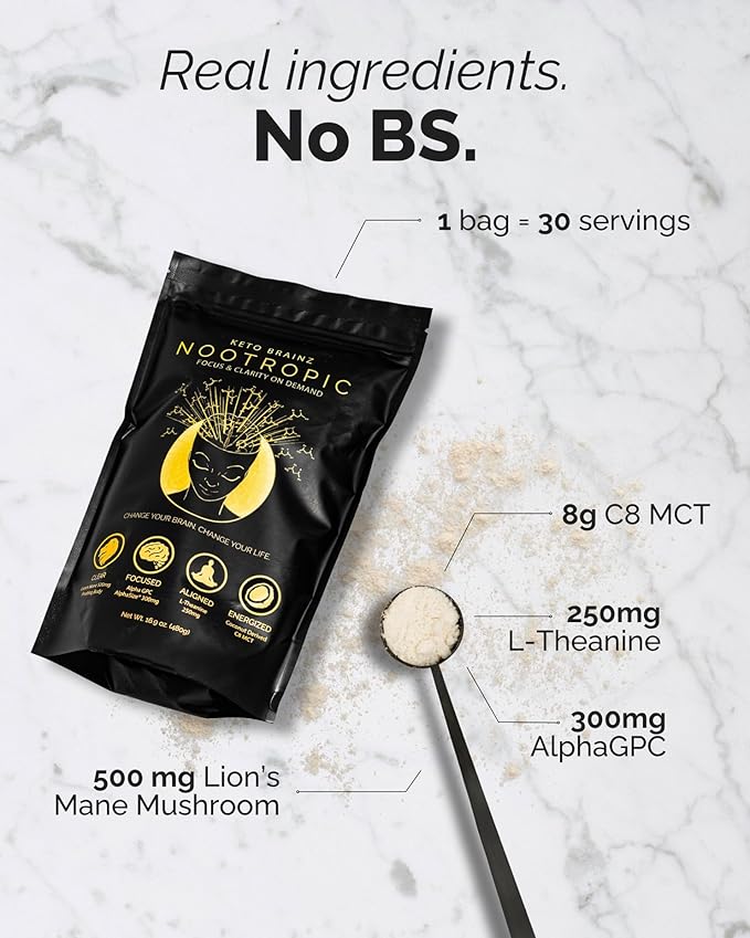 Keto Brainz C8MCT Based Nootropic - with 500mg Lion's Mane Mushroom AlphaGPC &amp L-Theanine This is The Ultimate Easy to use nootropic Stack &amp Makes Delicious Mushroom Coffee! 16oz. 30 Servings