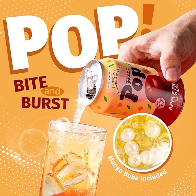 NÜLIFE Fizz &amp Pop Sparkling Popping Boba Drink Apple Carbonated Drink with Mango Style Bursting Pearls Sparkling Juice in Can Caffeine-Free Authentic Taiwan Sparkling Boba Fruit Juice 11.2 Fl