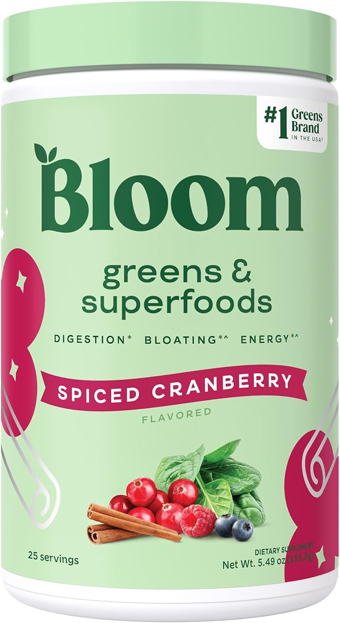 Bloom Nutrition Superfood Greens Powder Digestive Enzymes with Probiotics and Prebiotics Gut Health Bloating Relief for Women Chlorella Green Juice Mix with Beet Root 25 SVG Spiced Cranberry