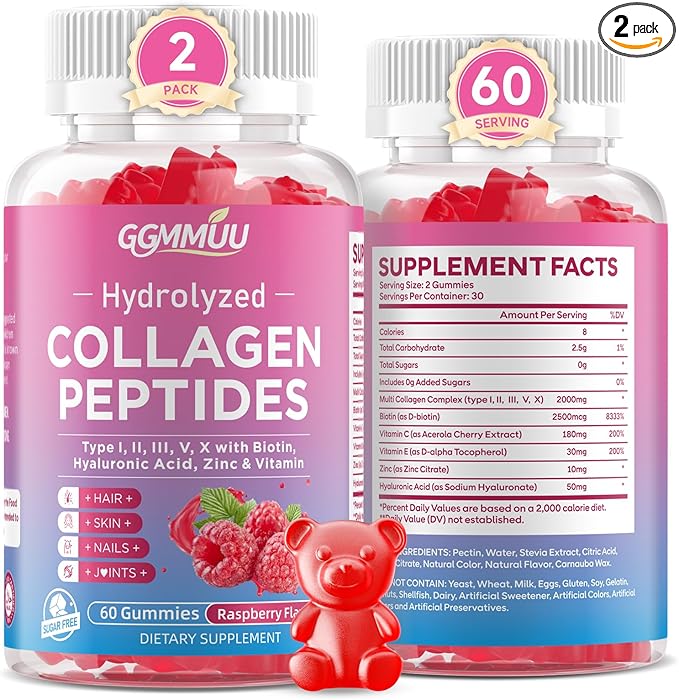 2 Pack Collagen Peptide Gummies for Women &amp Men Collagen Protein Type IIIIIIVX with Biotin Vitamin C D Hydrolyzed Collagen Supplement for Skin Hair Nails Raspberry Flavor 120 Count