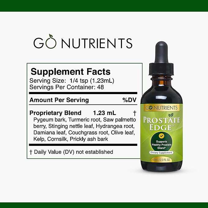 Go Nutrients Prostate Edge - Saw Palmetto &amp Pygeum Extract Supplement for Men’s Prostate Health &amp Relief - Organic Liquid Drops to Support Urinary Flow Bladder Comfort &amp Vitality – 2oz